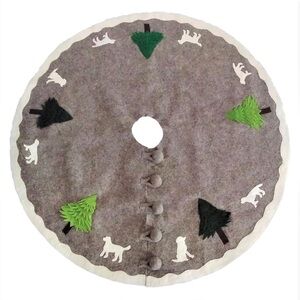 NWT!! Arcadia Home 72" Hand-Felted Wool Tree Skirt w/dogs & trees; gray/cream